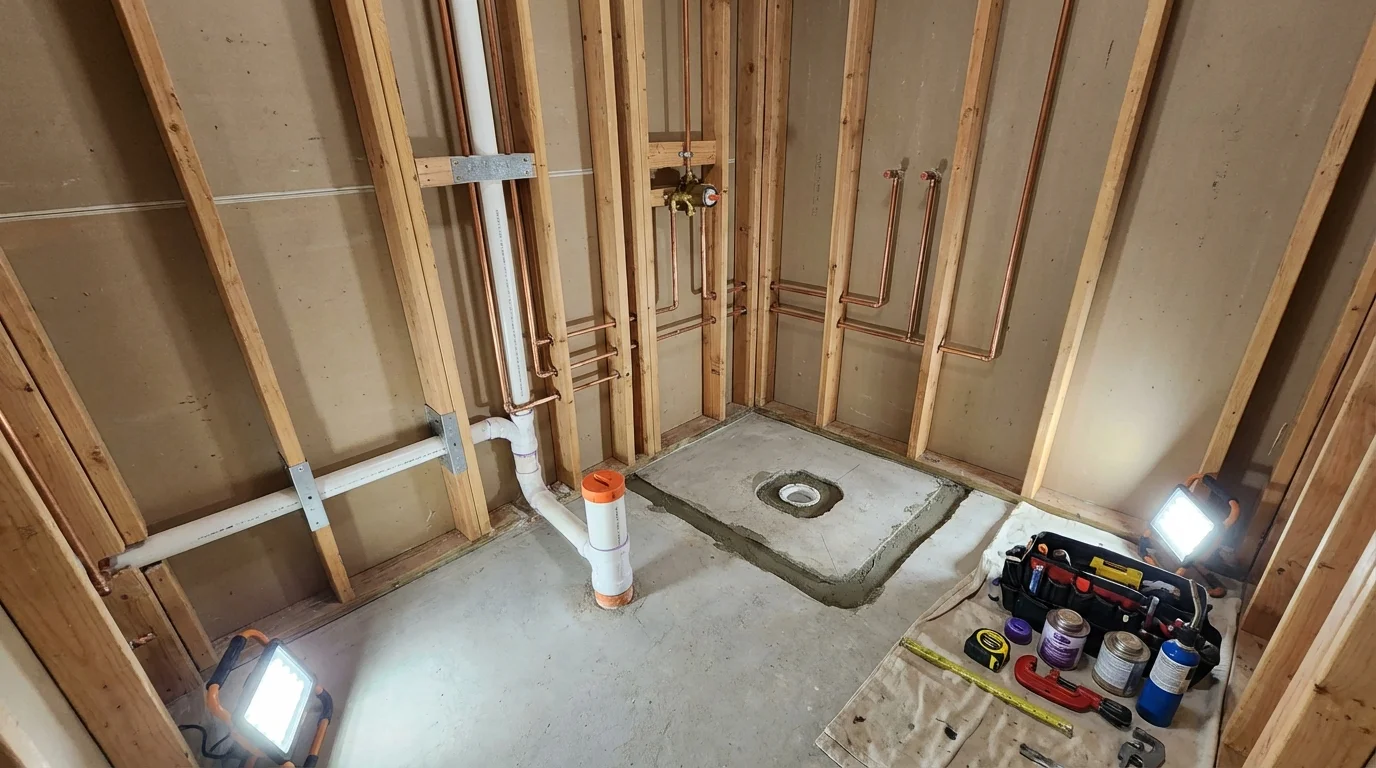 Bathroom rough-in plumbing during remodel by Johns Plumbing LLC in Luck