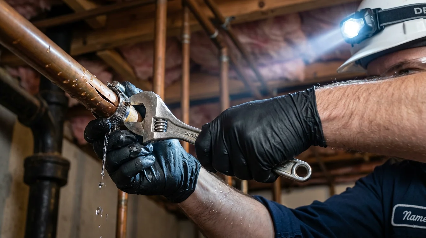 Emergency pipe clamp repair being performed by a Johns Plumbing LLC plumber in Luck