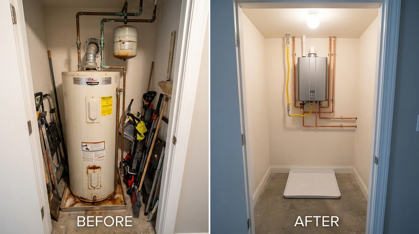 Tank water heater versus wall-mounted tankless unit comparison for Luck, WI homeowners