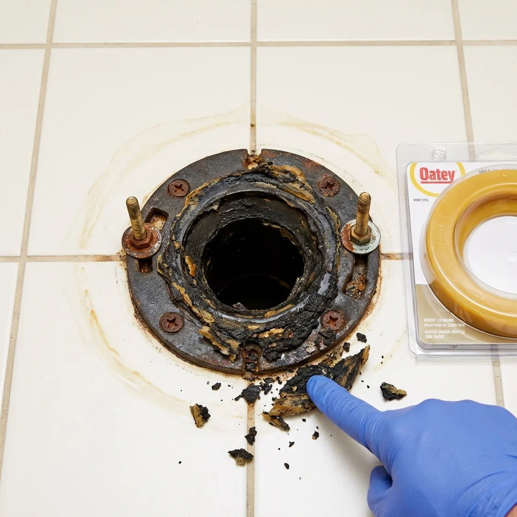 Failed wax ring showing water seepage at the base of a toilet in a Luck, WI home