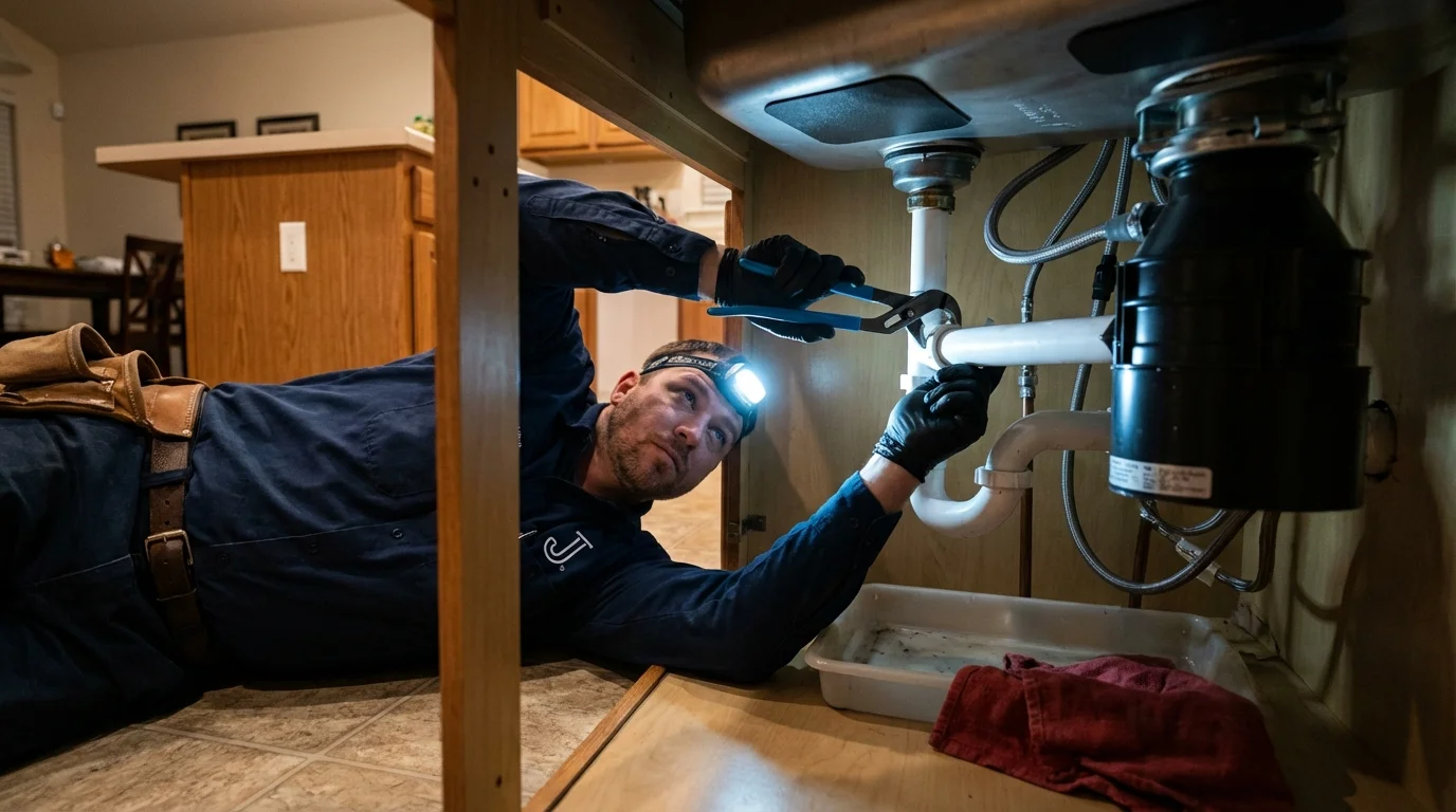 P-trap and supply line connections under a kitchen sink showing a common leak point in Luck, WI